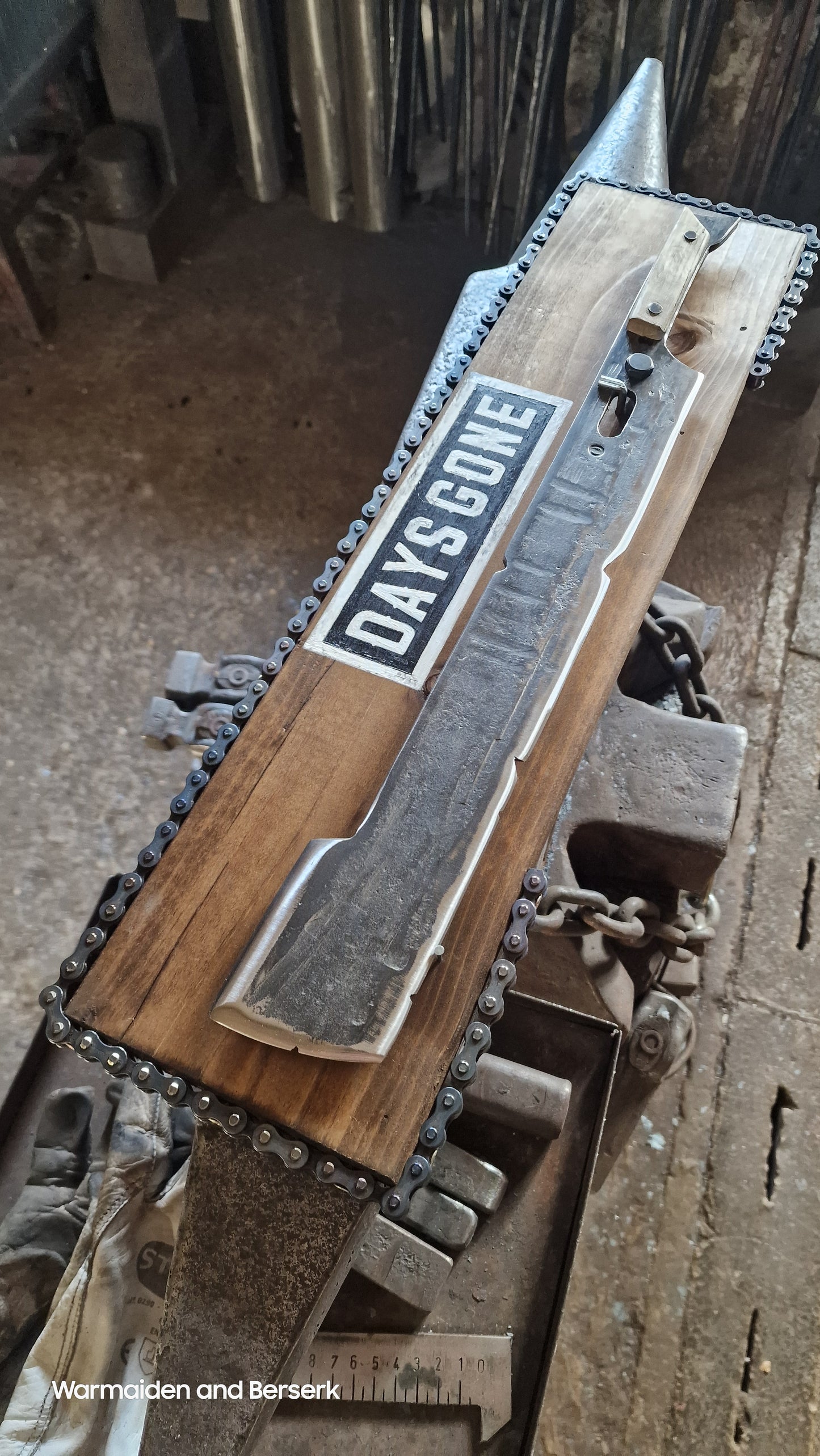 Hand Forged 'Days Gone' Lawnmower Blade Machete on Display