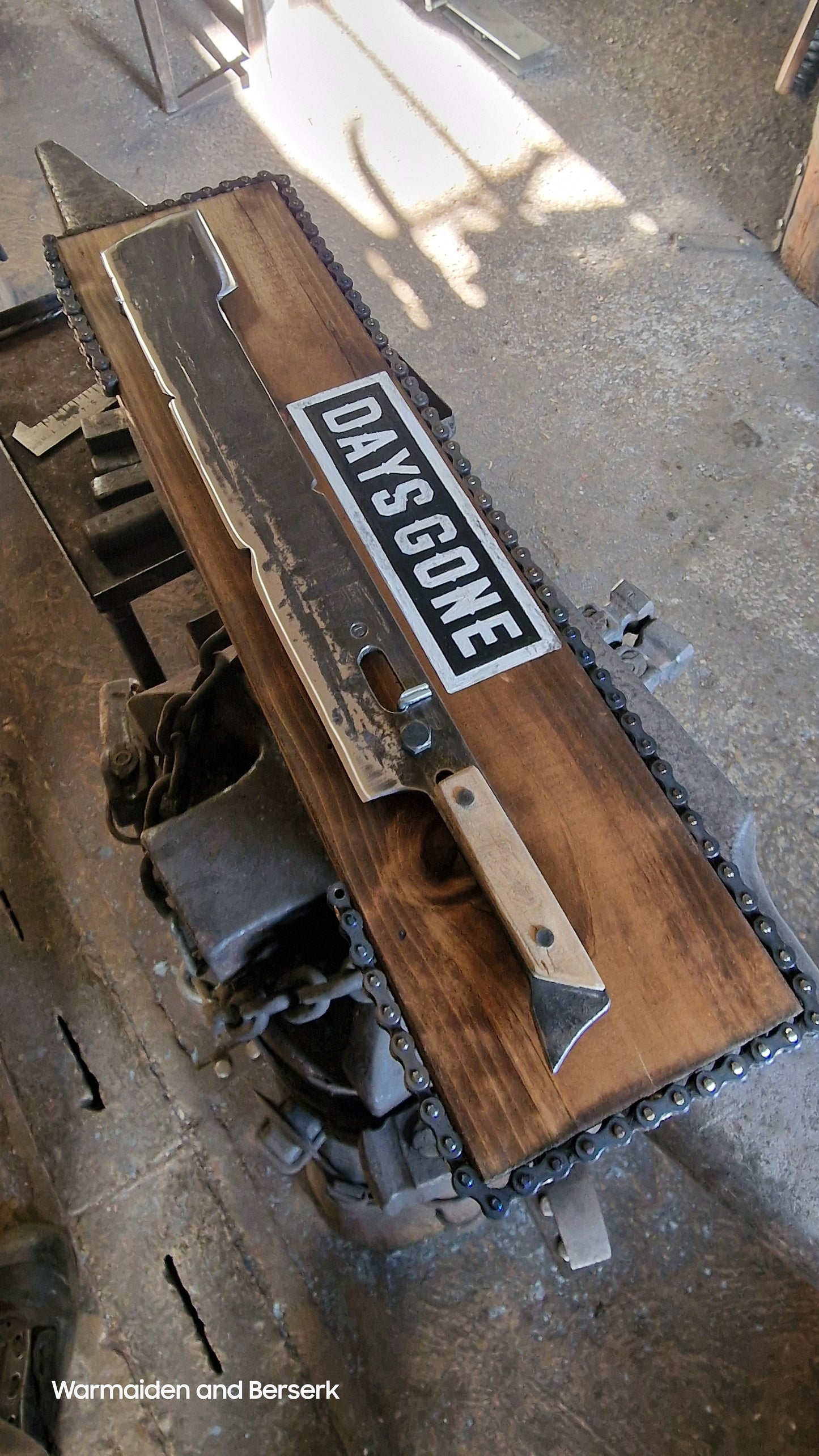 Hand Forged 'Days Gone' Lawnmower Blade Machete on Display