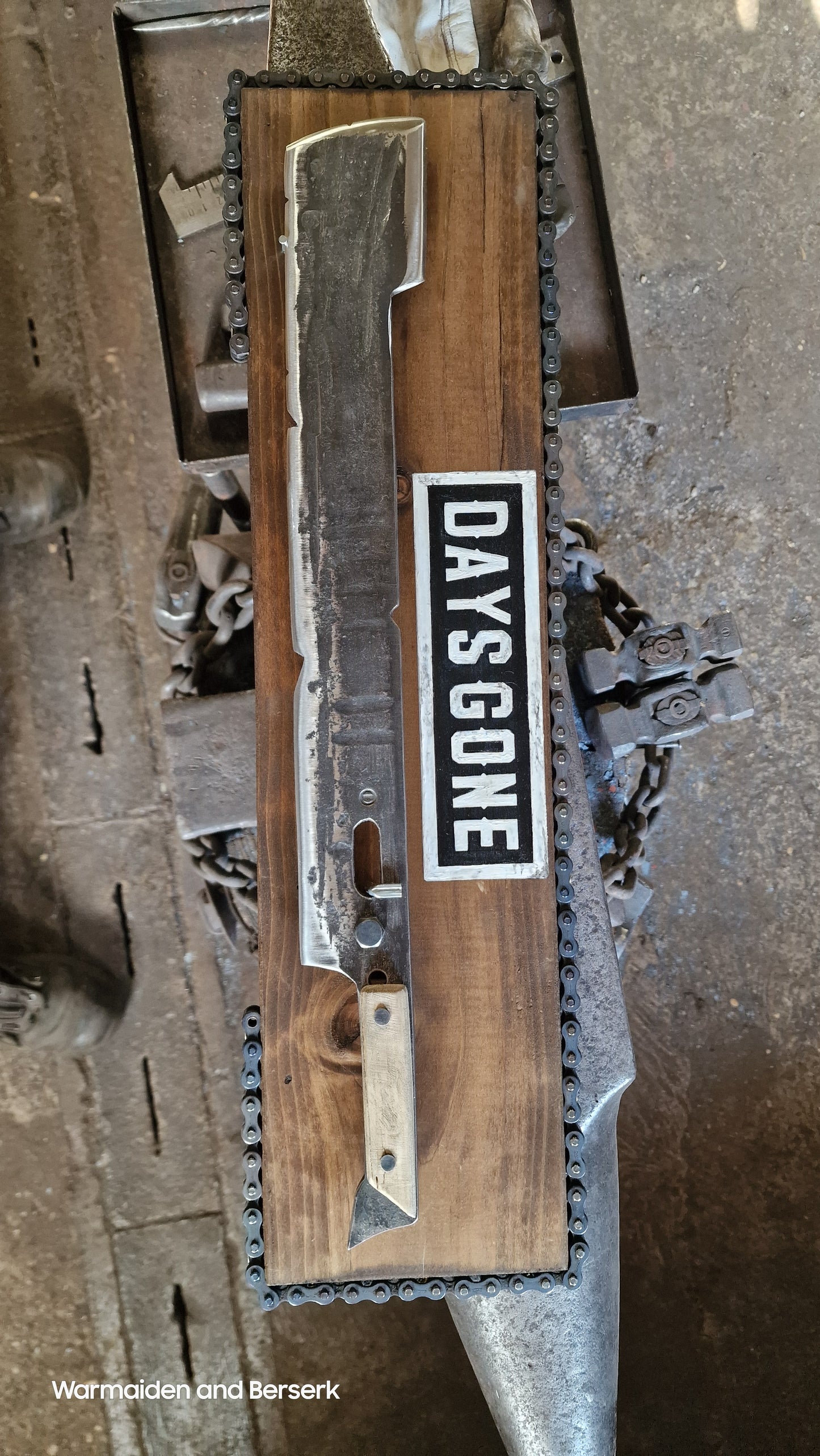 Hand Forged 'Days Gone' Lawnmower Blade Machete on Display