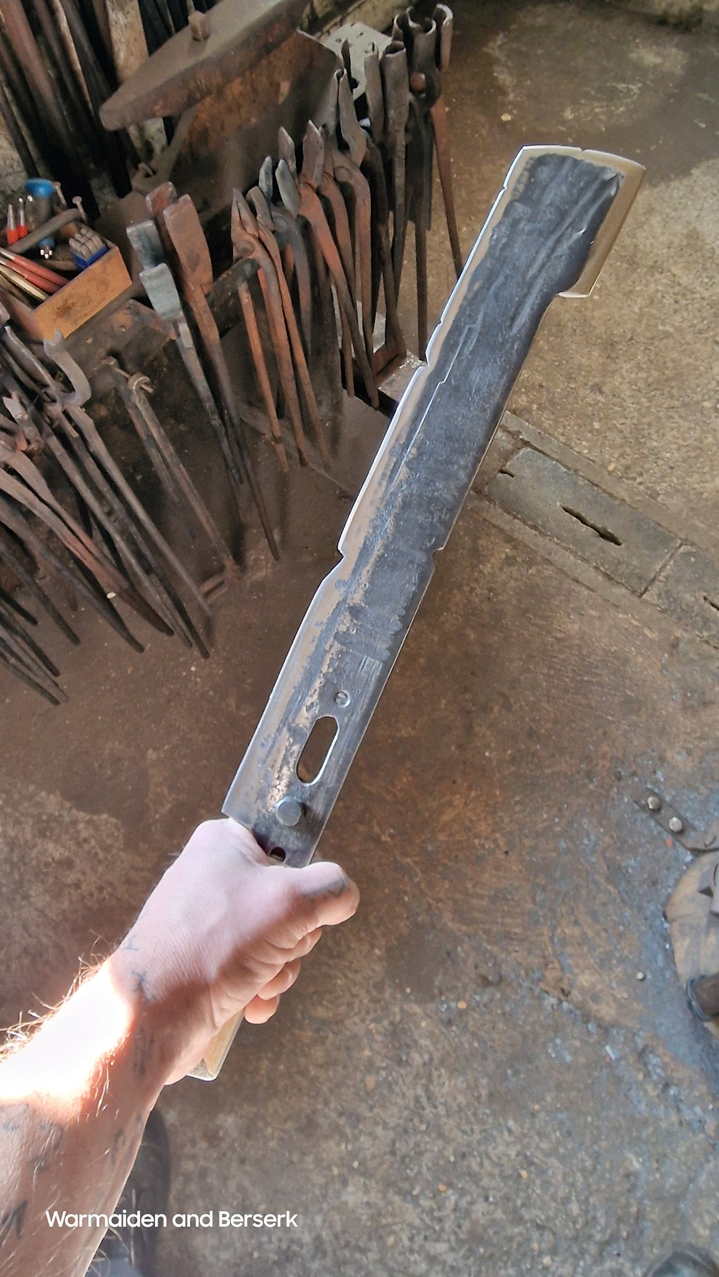 Hand Forged 'Days Gone' Lawnmower Blade Machete on Display