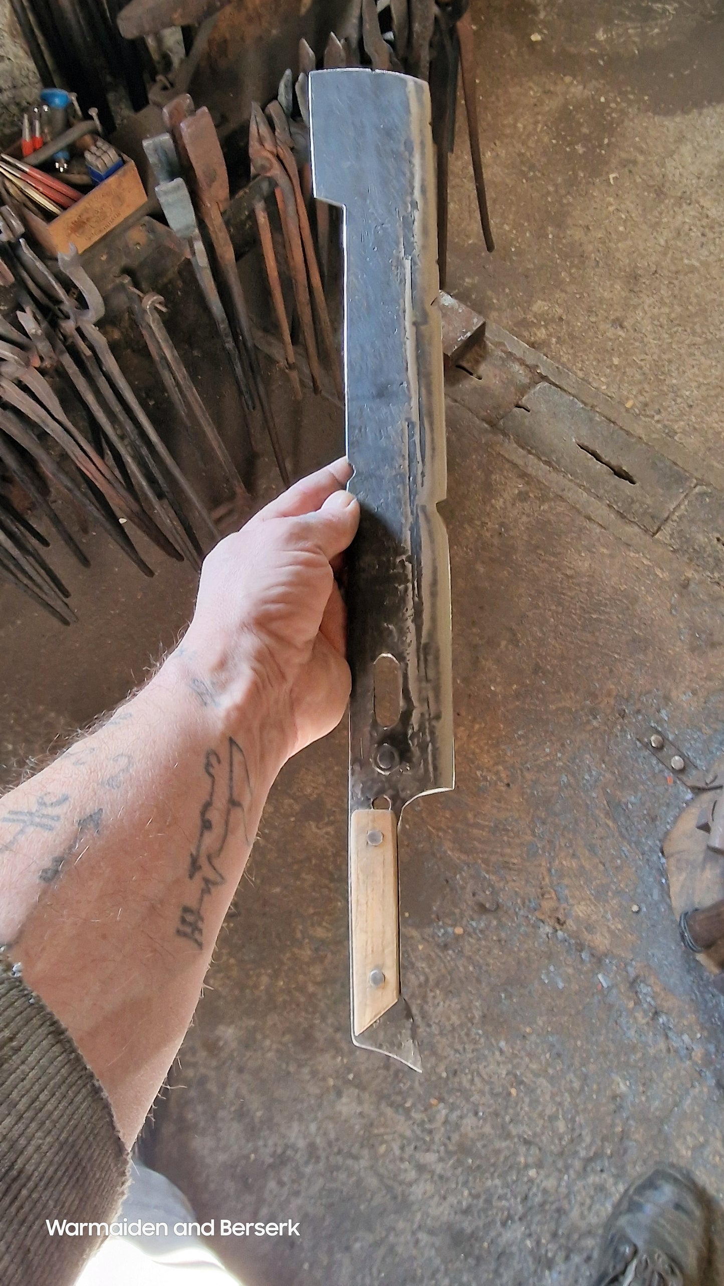 Hand Forged 'Days Gone' Lawnmower Blade Machete on Display