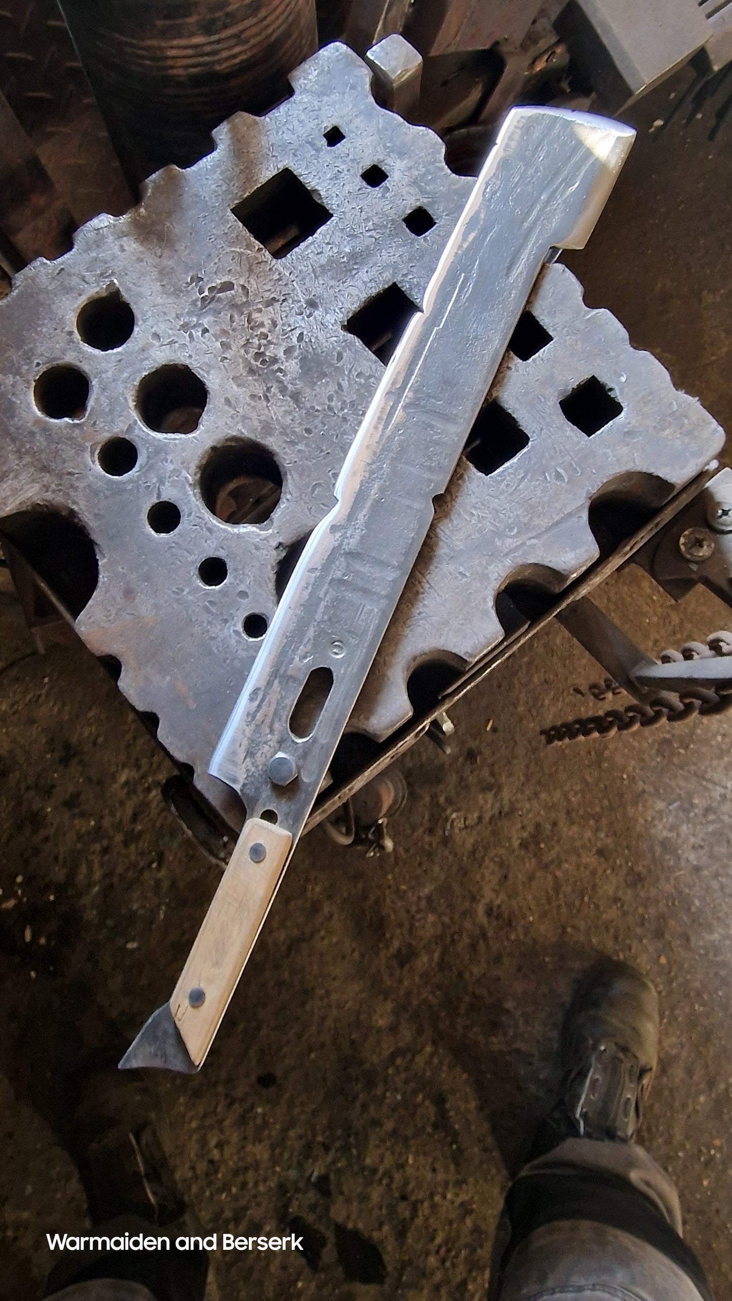 Hand Forged 'Days Gone' Lawnmower Blade Machete on Display