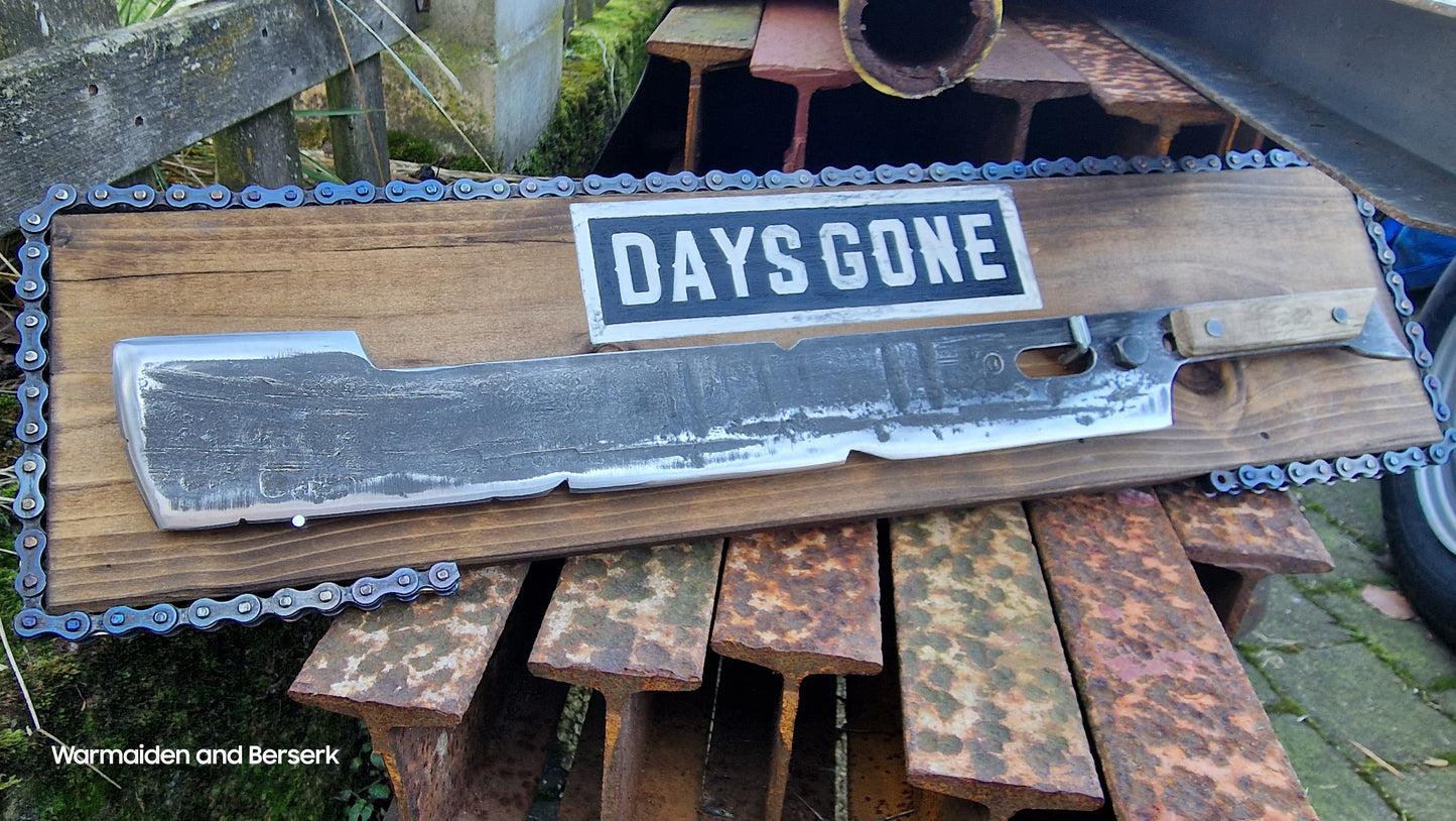 Hand Forged 'Days Gone' Lawnmower Blade Machete on Display