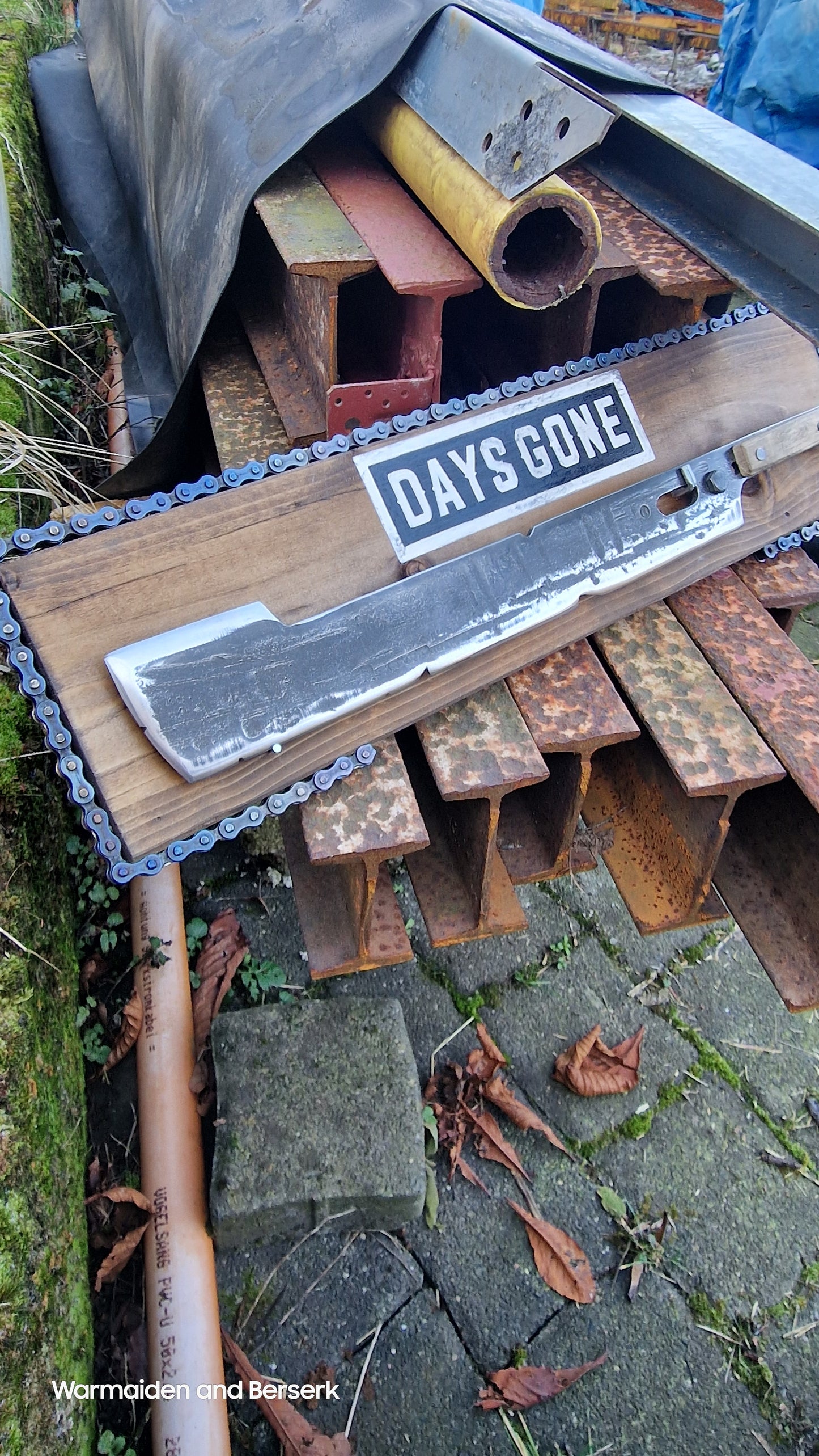 Hand Forged 'Days Gone' Lawnmower Blade Machete on Display