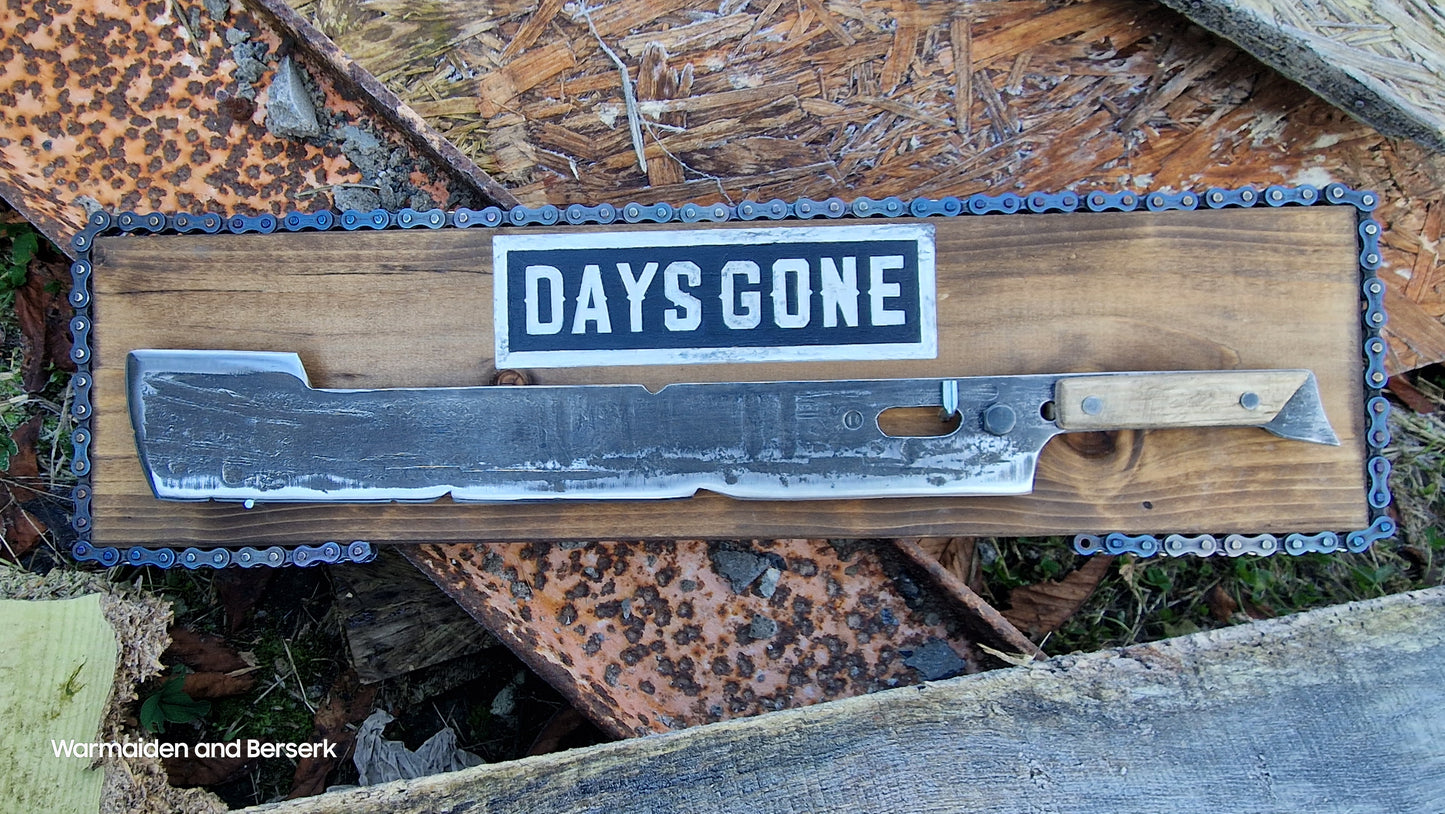 Hand Forged 'Days Gone' Lawnmower Blade Machete on Display