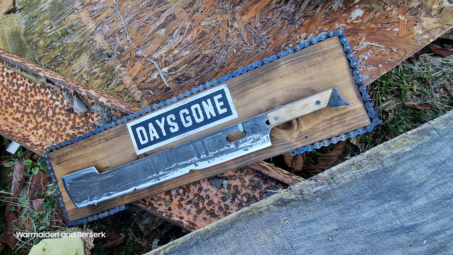 Hand Forged 'Days Gone' Lawnmower Blade Machete on Display