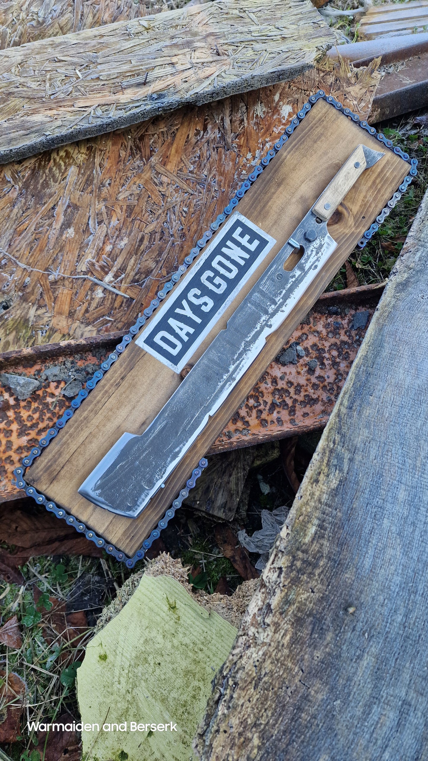 Hand Forged 'Days Gone' Lawnmower Blade Machete on Display