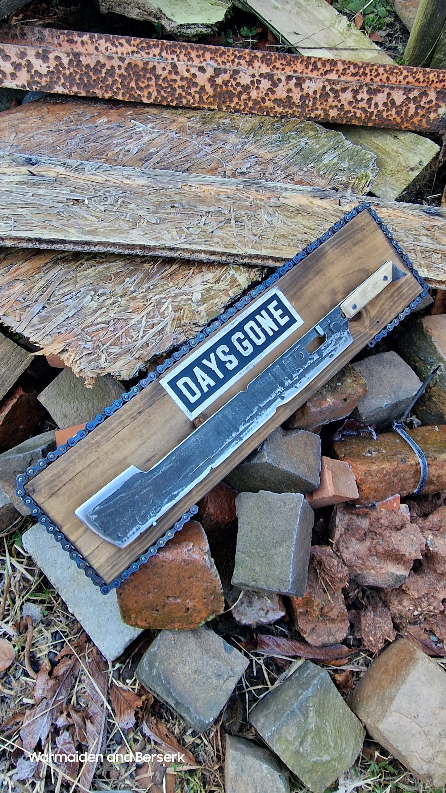 Hand Forged 'Days Gone' Lawnmower Blade Machete on Display