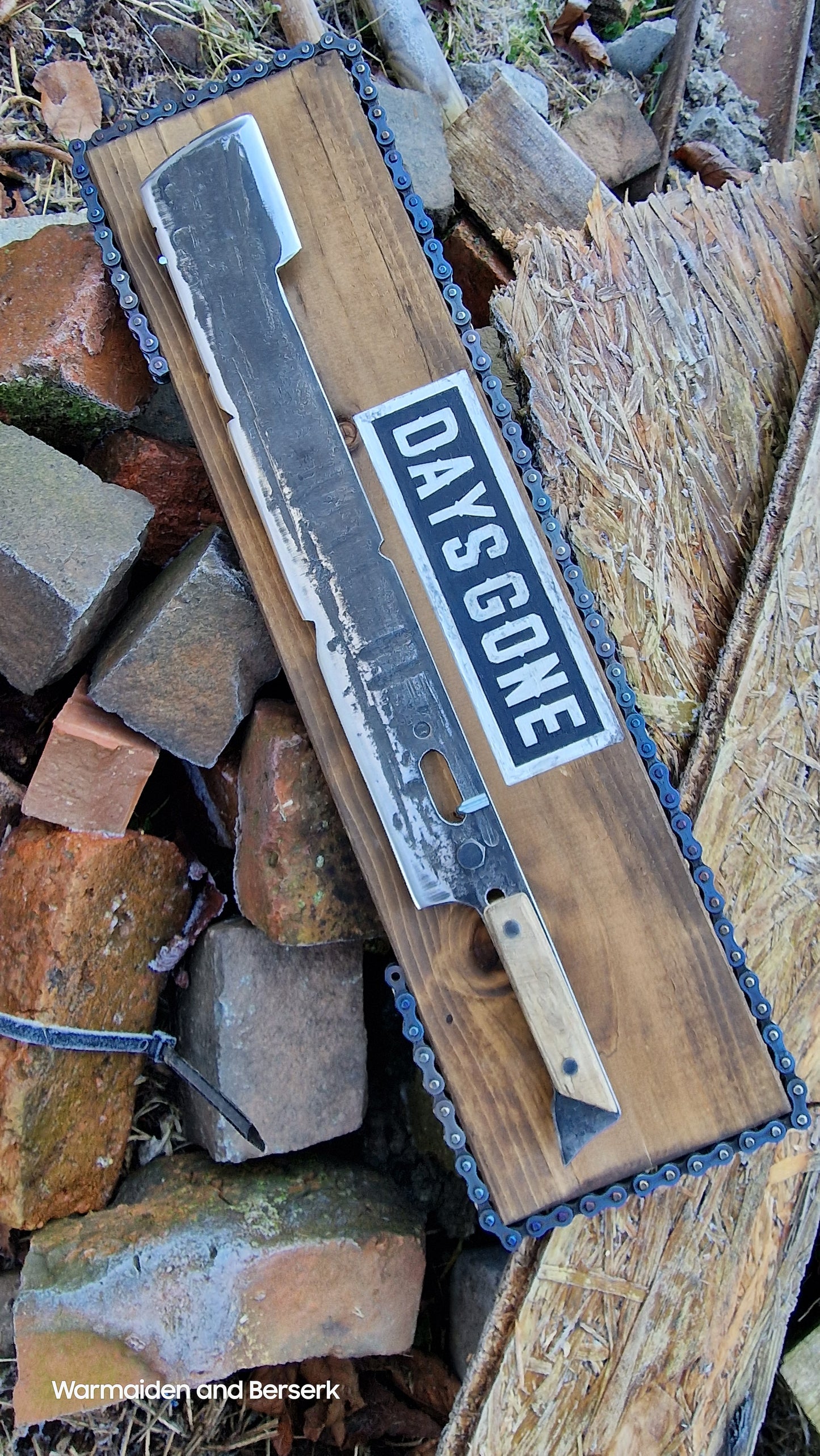 Hand Forged 'Days Gone' Lawnmower Blade Machete on Display