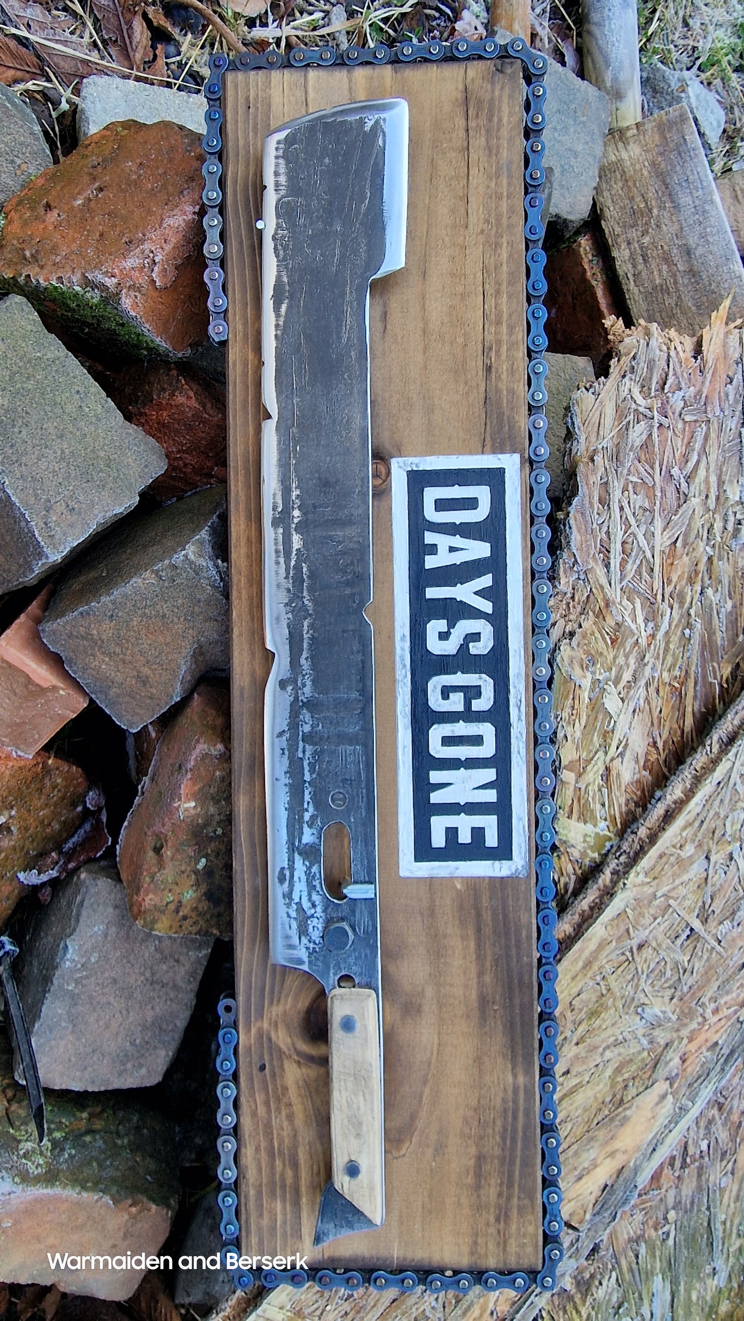 Hand Forged 'Days Gone' Lawnmower Blade Machete on Display