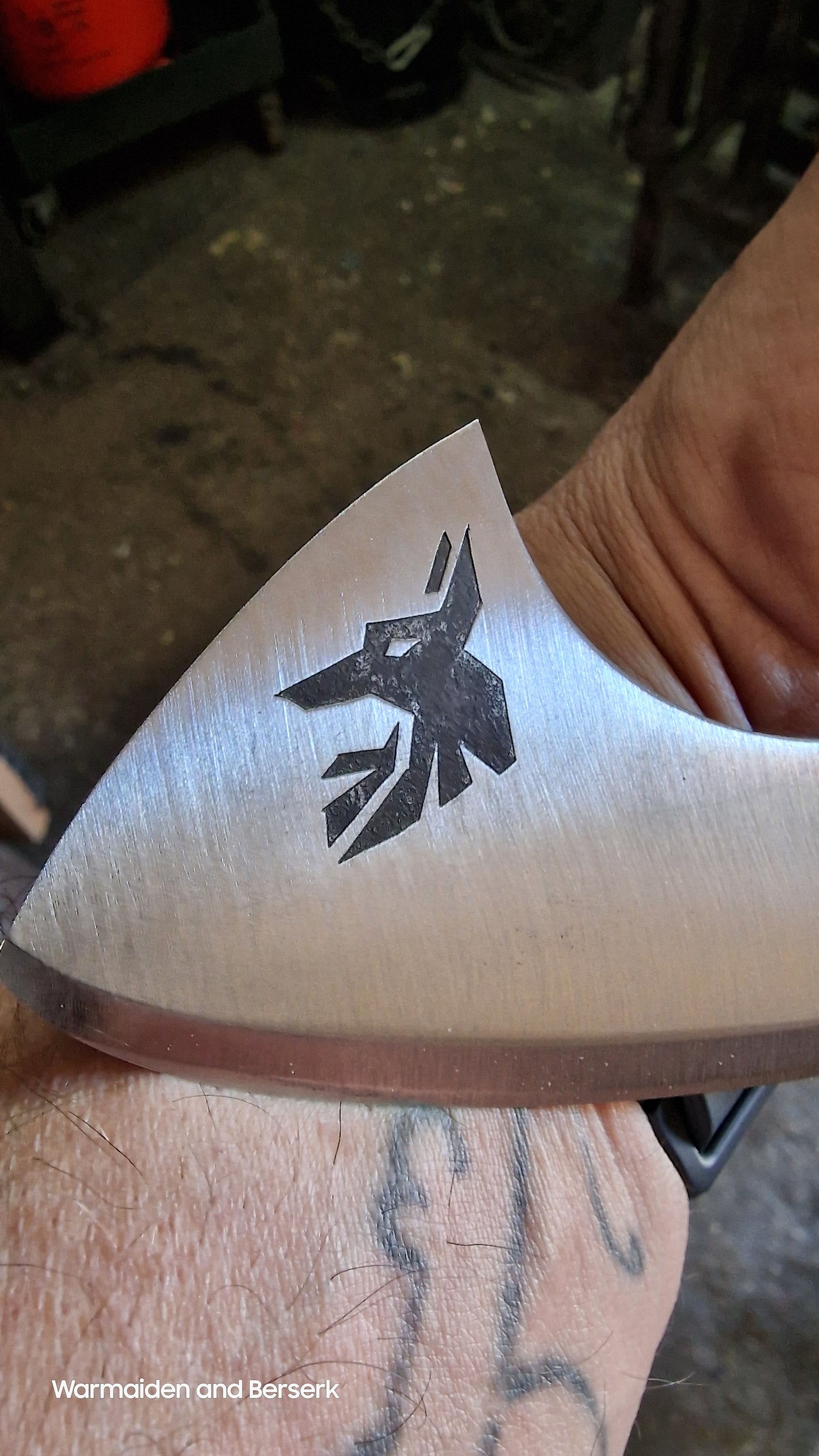 Hand-forged small knife in Chepesh form made of carbon steel with robust leather sheath